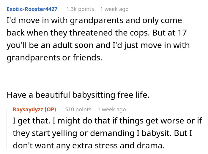 Comment exchange about parents obsessively forcing older son to babysit siblings, and his desire to avoid the stress.