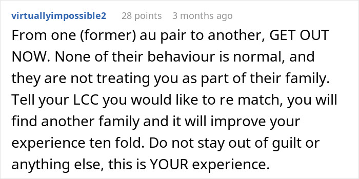 Comment warning about American family houses restricting food of 19-year-old nanny from abroad, advising to leave for a better experience.