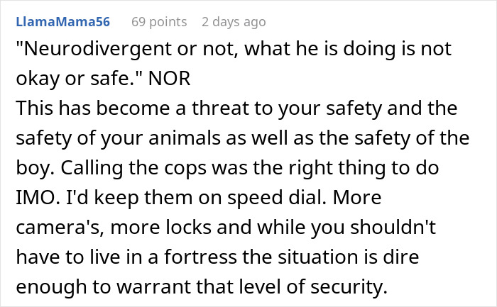 Comment warning about safety after woman catches neighbor&rsquo;s son in her home, noting parents&rsquo; casual reaction.