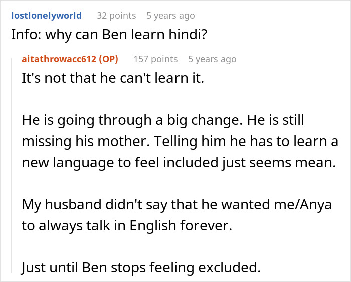 Online forum post discussing stepdad suggesting punishing kid for using native language son doesn&rsquo;t understand, mom reacts.