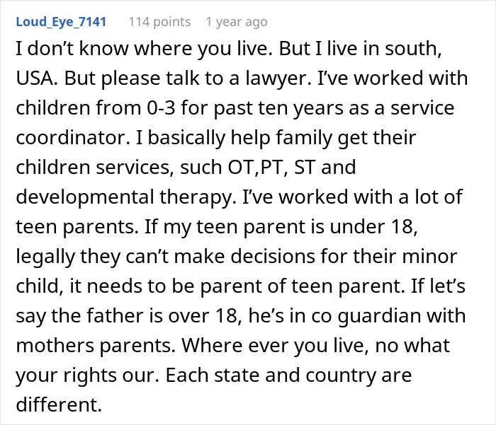 Screenshot of online comment discussing teen parent rights, baby care, and father refusal to help, highlighting teen baby custody issues.