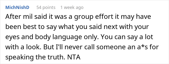 Screenshot of online comment discussing a woman correcting mother-in-law about baby&rsquo;s name with body language advice.