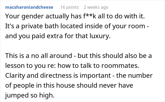 Alt text: Comment discussing nonbinary person refusing roommates’ boyfriends to use private bathroom inside their room Alt text: Comment discussing nonbinary person refusing roommates’ boyfriends to use private bathroom inside their room