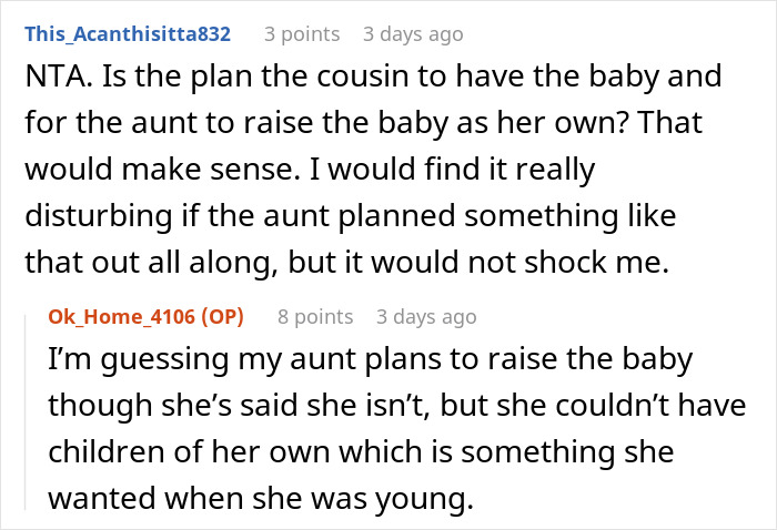 Screenshot of a Reddit discussion about a family feud involving a lady wanting to be a grandma and encouraging her disabled daughter to get pregnant.