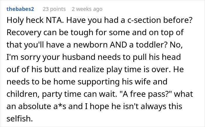 Screenshot of a Reddit comment discussing a husband asking for permission to travel alone after wife&rsquo;s C-section recovery.
