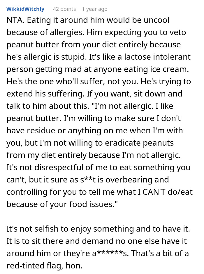 Comment discussing a man upset his girlfriend bought a peanut butter cake to eat at work despite his allergy.