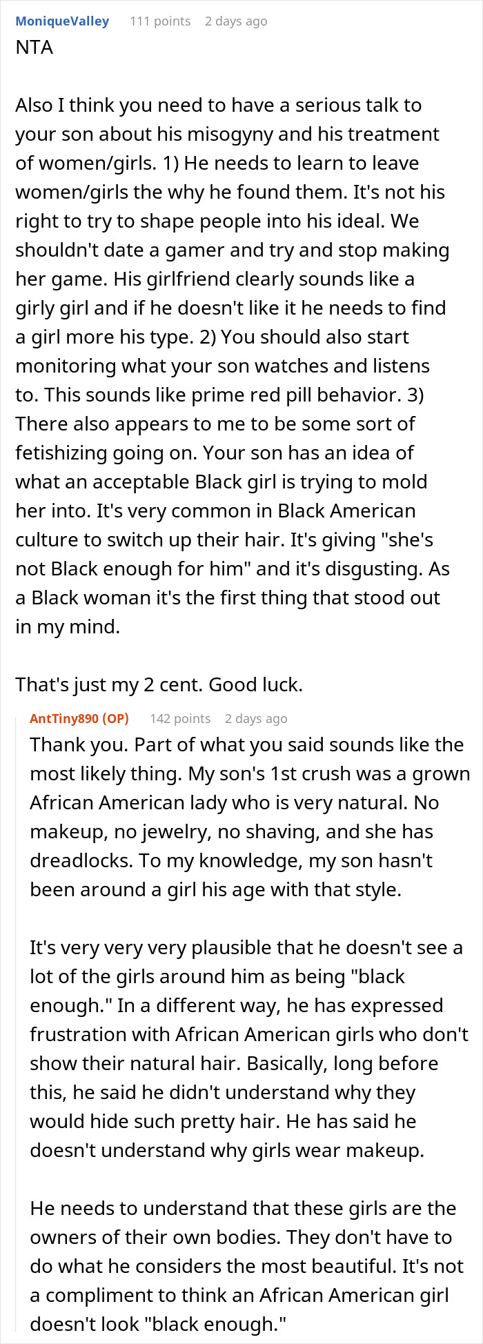 Reddit discussion about 14YO boy upset over mom suggesting his Black girlfriend dress more comfortably after confiding in her.