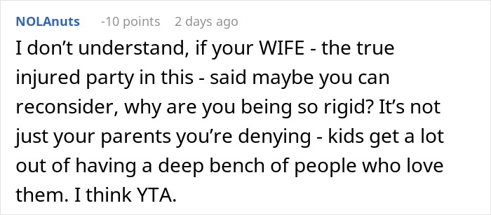 Comment about man defending his wife and cutting off parents, confused by wife's suggestion to reconnect.