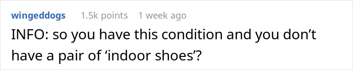Text post from a social media user discussing a medical condition preventing removal of shoes indoors and related conflict.