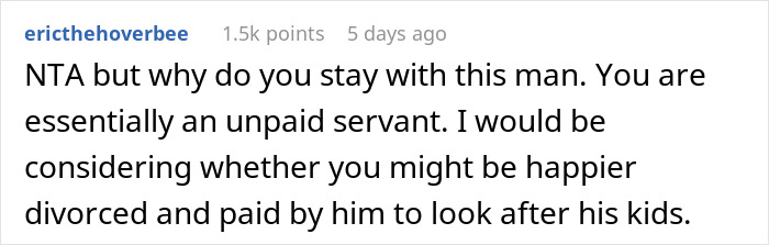 Reddit comment discussing a wife leaving her man-child husband during a family vacation over feeling unpaid and unappreciated.