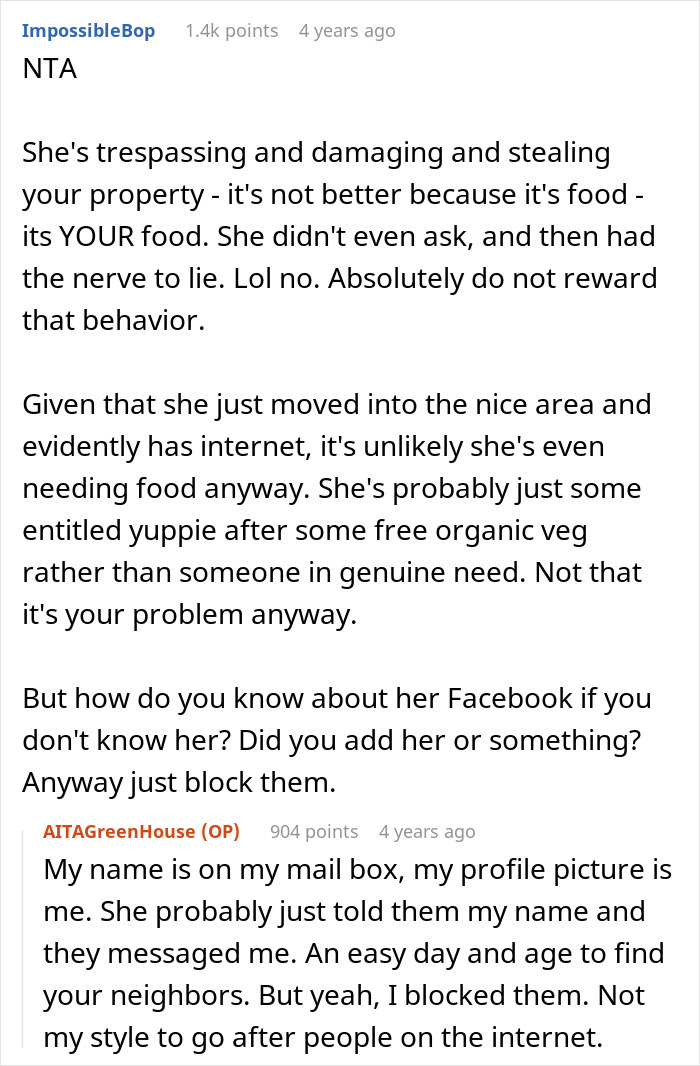 Screenshot of a Reddit discussion about a thief caught stealing vegetables claiming to know the owner.