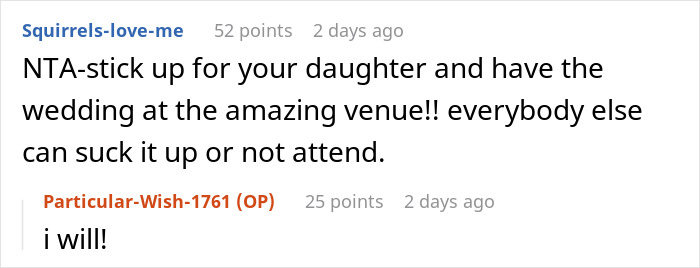 Commenters discuss a woman refusing to cancel her daughter&rsquo;s dream wedding venue despite sister&rsquo;s cheating ex.