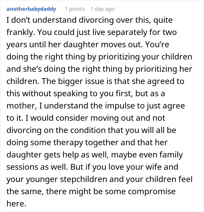 Man discussing refusing to let wife&rsquo;s daughter live with his kids and the impact on their marriage in an online forum.