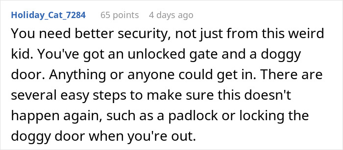 Comment advising better home security after woman catches neighbor&rsquo;s son in her home, noting unlocked gate and doggy door risks.