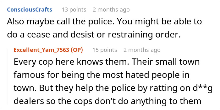 Screenshot of an online comment about influencer neighbors putting a woman in the hospital shared in a discussion thread. Screenshot of an online comment about influencer neighbors putting a woman in the hospital shared in a discussion thread.