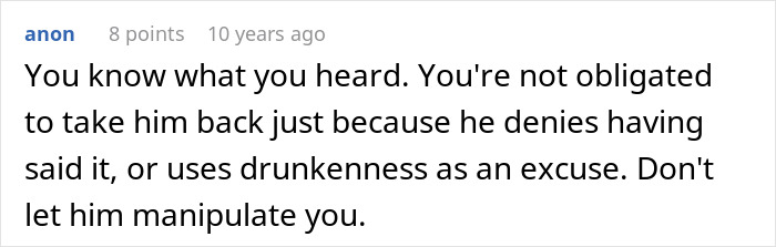 Screenshot of a forum comment discussing excuses and manipulation in a relationship confrontation scenario.