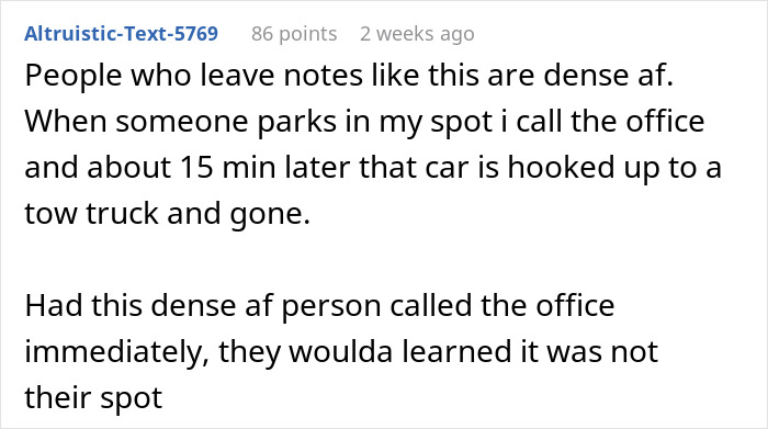 Comment criticizing dodgy neighbor trying to trick woman into giving up her parking spot with anonymous notes.