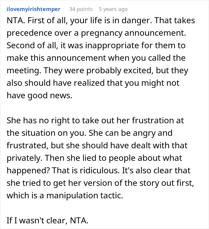 Text of a Reddit comment explaining why a woman needs support from family after devastating news but faces drama due to sister-in-law feeling outshined.