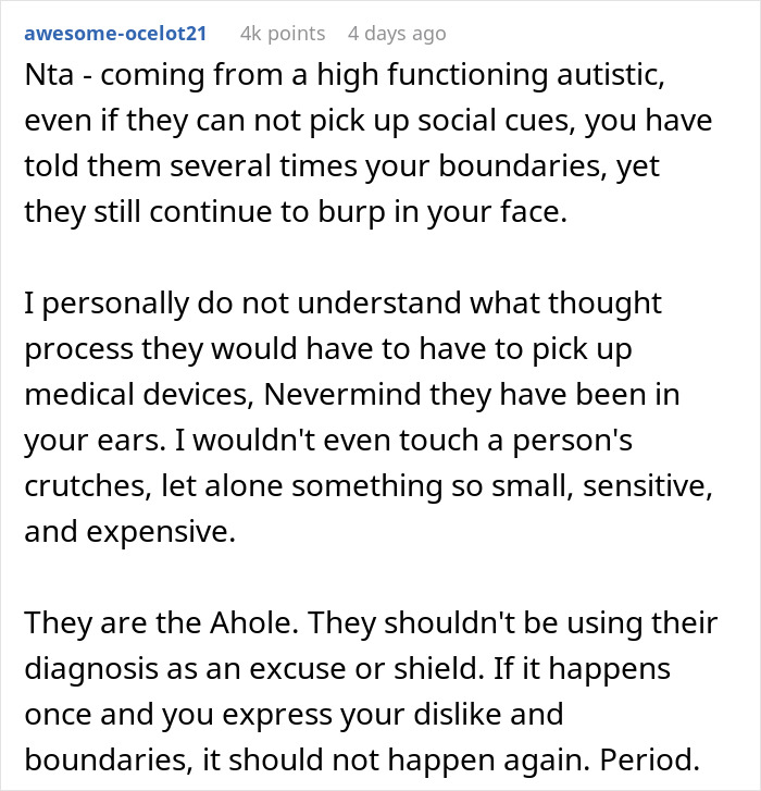 Text post discussing boundaries and frustrations with a neurodivergent friend grabbing hearing aids, highlighting social cues and respect.