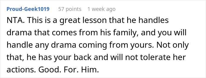 Comment in a forum discussing a fiance sister invite wedding, praising handling family drama and support.