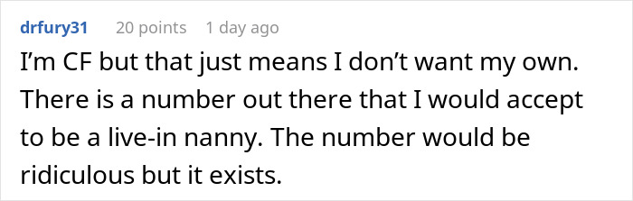 Comment from drfury31 explaining willingness to accept a live-in nanny role despite the low pay debate about babysitters' wages.