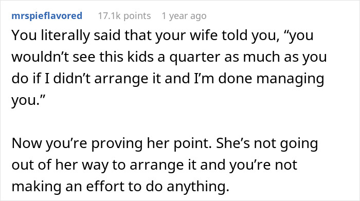 Text post discussing a husband&rsquo;s comment and wife proving him wrong about managing family arrangements.