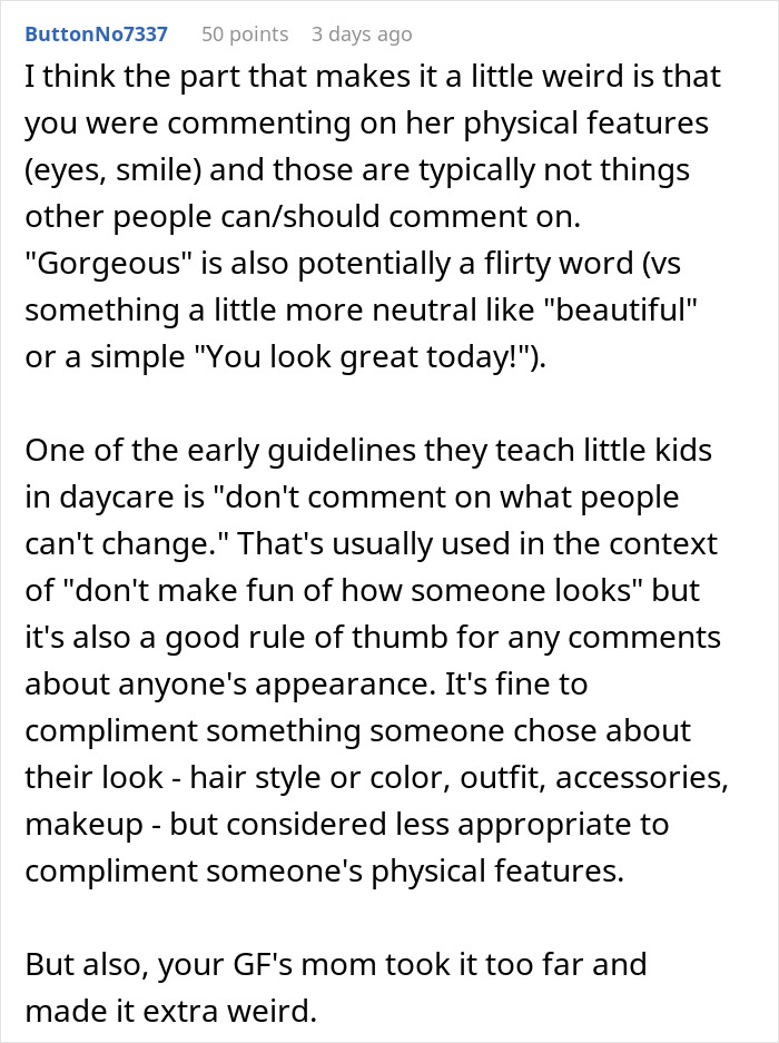 Text post discussing why a man&rsquo;s compliment to girlfriend&rsquo;s mom sparked a fight between parents and was called inappropriate.