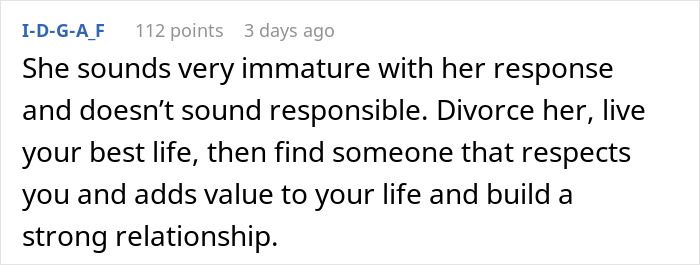 Screenshot of a comment criticizing immaturity and advising divorce in a discussion about a man ordering wife to get a job. Screenshot of a comment criticizing immaturity and advising divorce in a discussion about a man ordering wife to get a job.