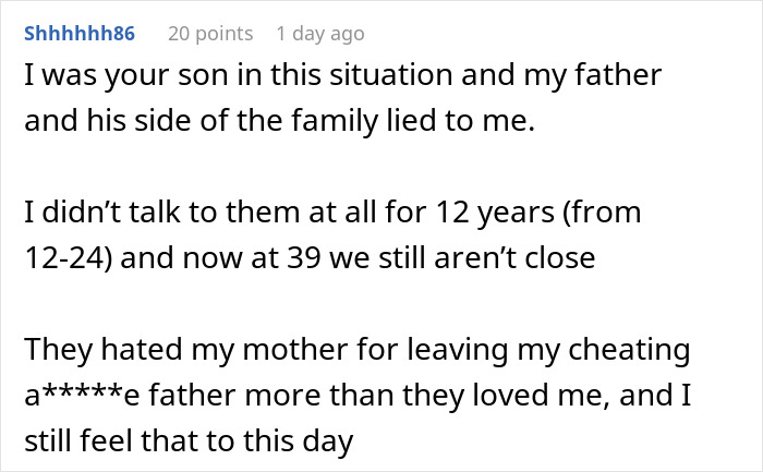Reddit comment sharing a son&rsquo;s experience of his father lying about divorce reasons, affecting their relationship for years.