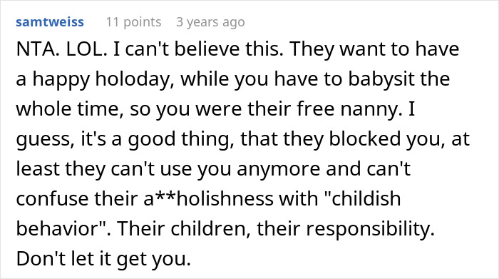 Screenshot of a Reddit comment discussing a childfree woman refusing to babysit relatives' children on vacation.