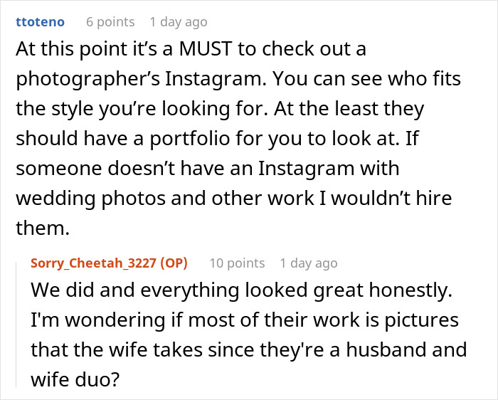 Comments discussing checking a wedding photographer&rsquo;s Instagram portfolio before hiring to ensure quality work.