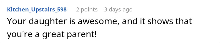 Comment on a social platform praising a parent's parenting skills after a girl gets bullied over a party seat. Comment on a social platform praising a parent's parenting skills after a girl gets bullied over a party seat.