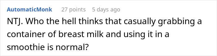 Commenter questioning the normality of using breast milk in wellness smoothies with a casual tone and strong language. Commenter questioning the normality of using breast milk in wellness smoothies with a casual tone and strong language.