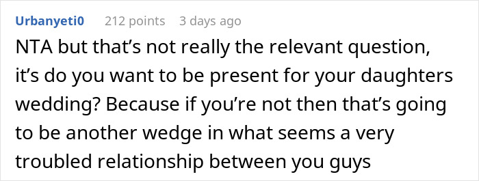 Screenshot of a social media comment discussing a man paying for daughter&rsquo;s failed wedding and skipping the real one to hang out with friends.