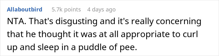 Comment highlighting concern over a man who wets the bed and does not see it as a big deal.