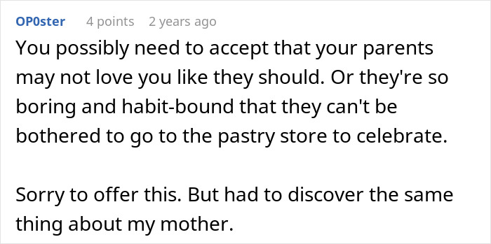 Text excerpt on a forum post about a graduate feeling crushed due to lack of parental support and disbelief.