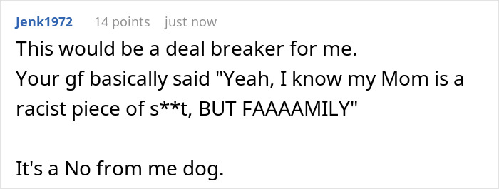 Screenshot of a social media comment discussing a racist mom insulting her daughter&rsquo;s girlfriend&rsquo;s Black parents.