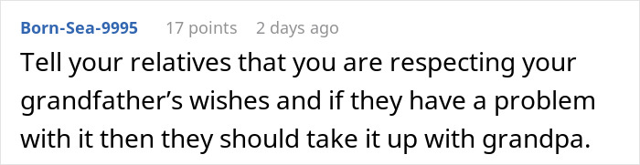 Comment text about respecting grandfather's wishes amid family disputes over care responsibilities and entitlement. - 24