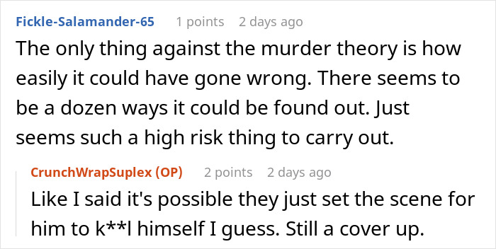 Screenshot of an online discussion about Epstein&rsquo;s death, with a user doubting the official story based on prison officer experience.