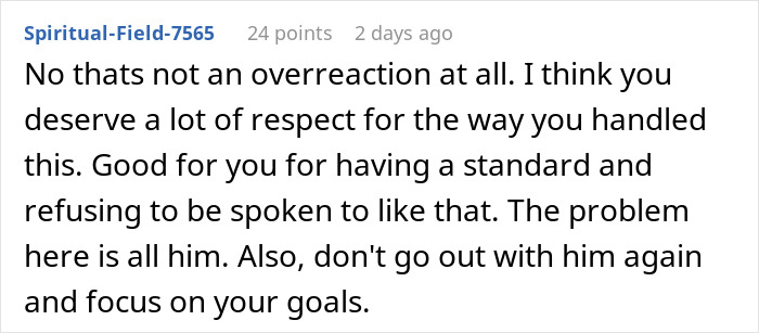 Comment praising a woman for standing up to a jealous boyfriend who berates her for kindness to a stranger.