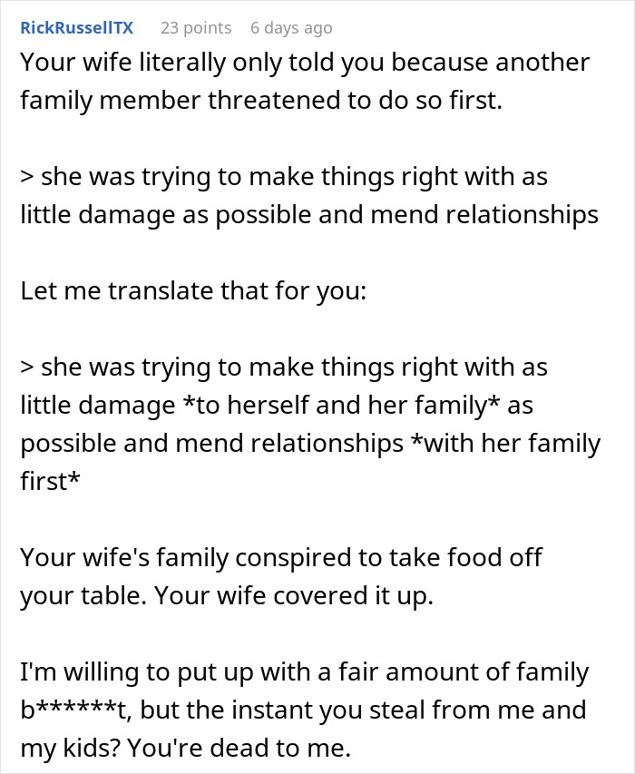 Comment discussing a man learning about his wife’s family secretly cyber-bullying him and banning them from seeing his son. - 56