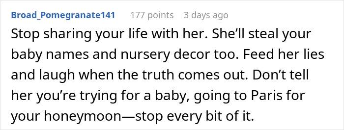 Comment discussing a woman confronting her brother&rsquo;s fianc&eacute;e for copying her wedding dress, warning about sharing personal plans.