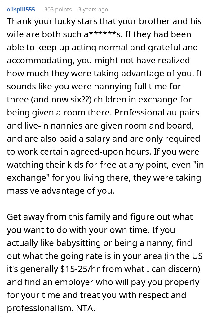 Text comment discussing how being a postpartum lady helping with triplets can lead to feeling taken advantage of without proper respect or pay. Text comment discussing how being a postpartum lady helping with triplets can lead to feeling taken advantage of without proper respect or pay.