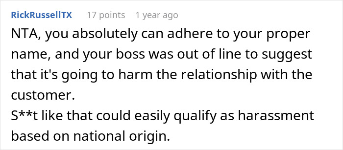 Comment from Reddit user discussing refusal to change Indian name for US client and potential career impact warnings.