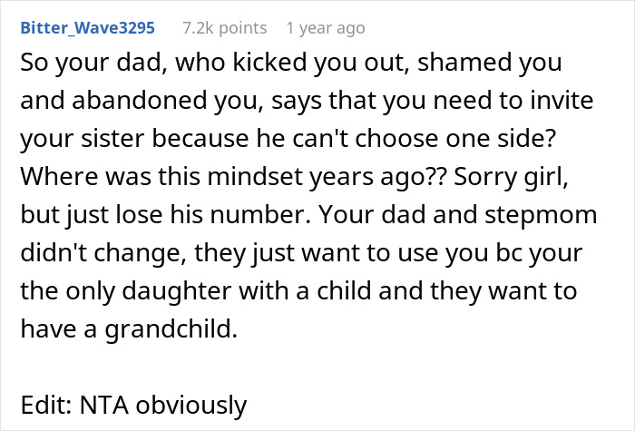 Comment discussing a woman's conflict with her stepsister leading to her cutting ties with her family years later.