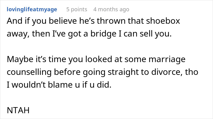 Screenshot of forum comment discussing marriage counseling and divorce due to issues with husband's ex in relationship advice thread. Screenshot of forum comment discussing marriage counseling and divorce due to issues with husband's ex in relationship advice thread.