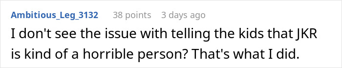Comment text discussing a bigoted and hateful person regarding a family upset over giving kids Harry Potter books.