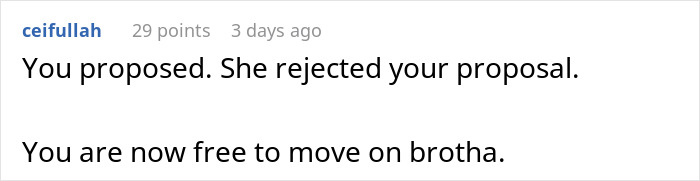 Screenshot of a social media comment discussing a man’s dream proposal ending in heartbreak after his girlfriend rejects him. Screenshot of a social media comment discussing a man’s dream proposal ending in heartbreak after his girlfriend rejects him.