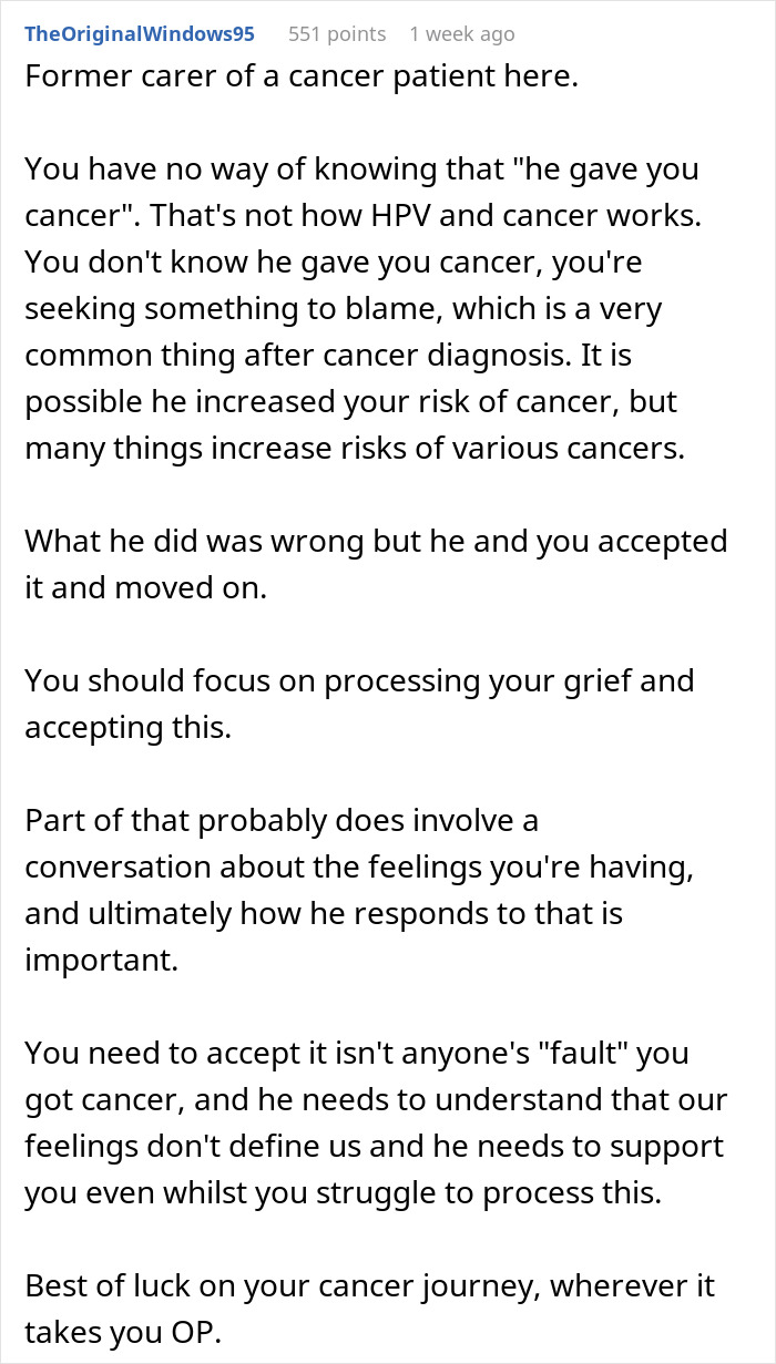 Comment explaining cancer risks and emotional processing in a woman&rsquo;s relationship affected by HPV and cancer diagnosis.