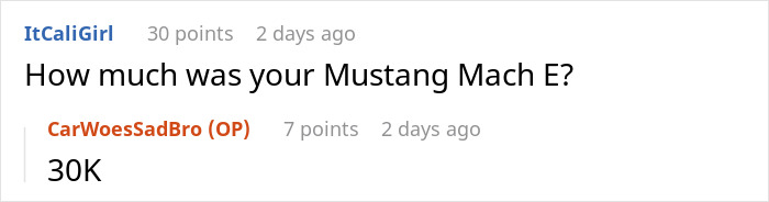 Screenshot of a conversation about Mustang Mach E price, highlighting husbands not giving wife a chance at car dealership.
